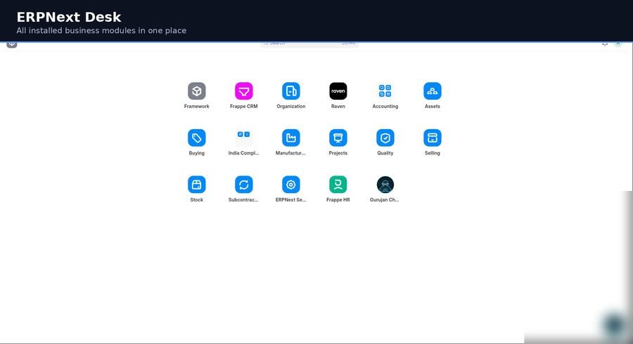 ERPNext desk showing all installed business modules