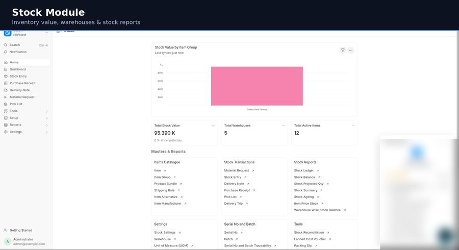 Stock module — inventory value and warehouses