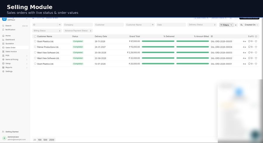 Selling module — sales orders with live status