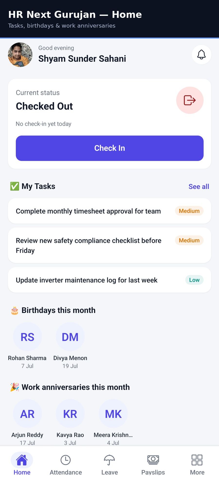 HR Next Gurujan mobile app home screen